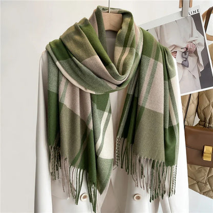 Darla plaid cashmere scarf with fringed edges, lightweight soft wrap in classic tartan pattern
