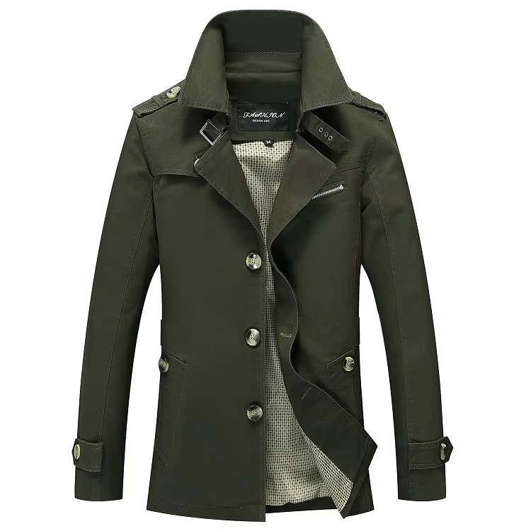 Men's classic single-breasted trench coat wind-resistant slim silhouette office-ready all-season outerwear