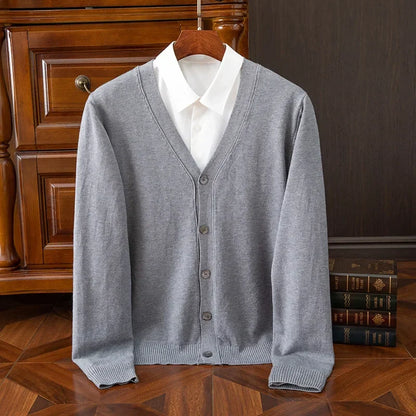 Men's grey cashmere wool blend V-neck cardigan with relaxed fit and refined heritage styling