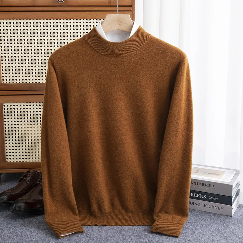 Men's ivory 100% wool half-high collar sweater soft warm layering knit essential