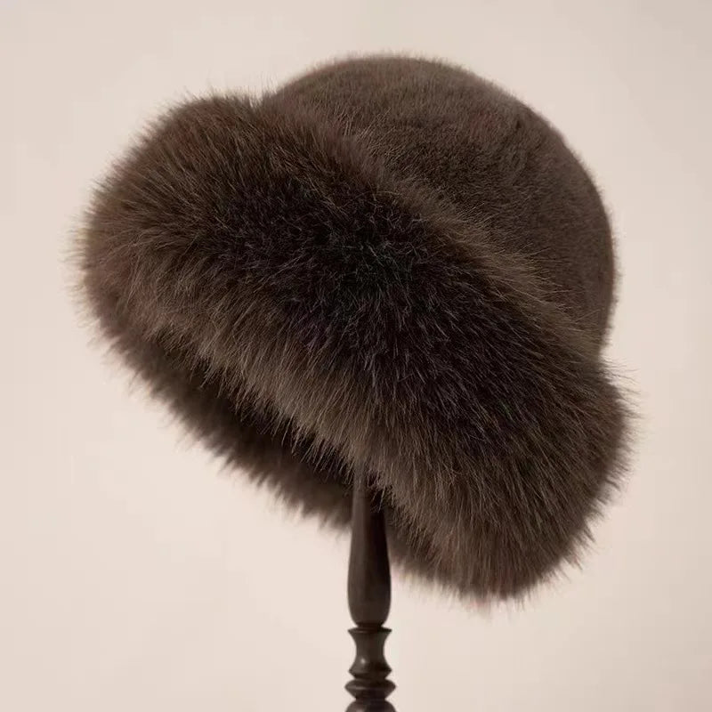 Women's plush fur hat rounded silhouette with furry trim, cozy winter accessory