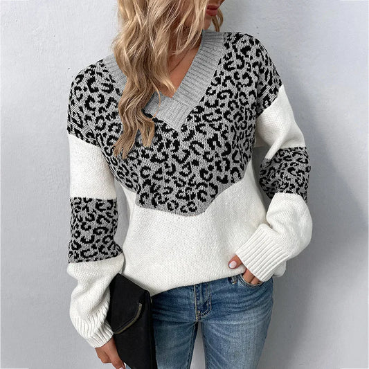 Elegant V-neck Sweater Leopard