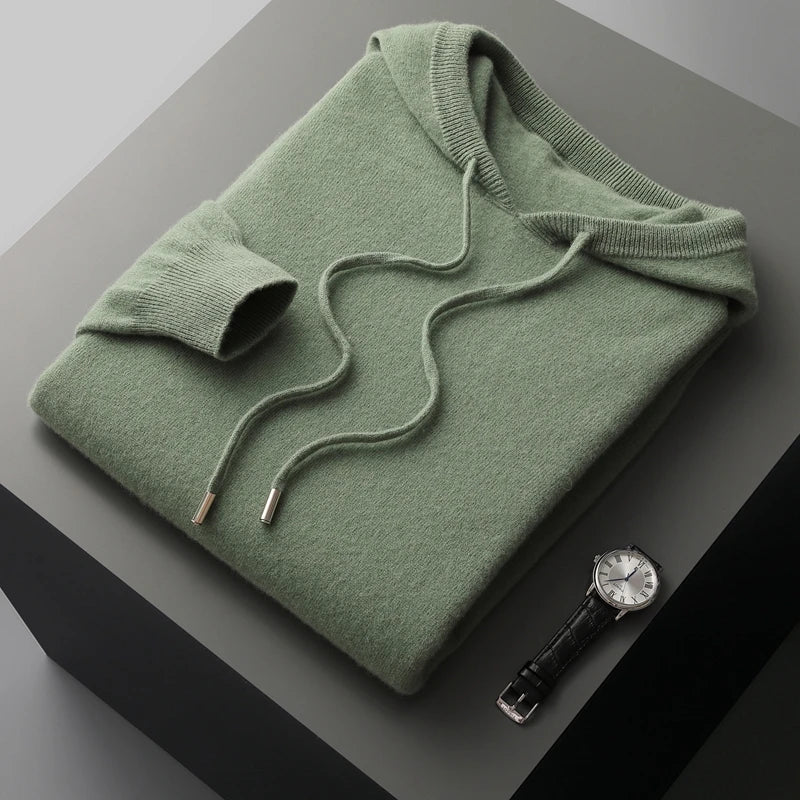 Castillo merino wool pullover hoodie in neutral tone, tailored slim fit with cashmere-like softness