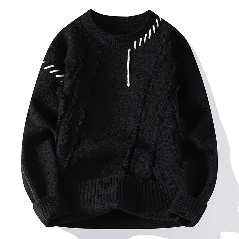 Men's ripped knit pullover sweater streetwear hip hop distressed texture warm fall winter