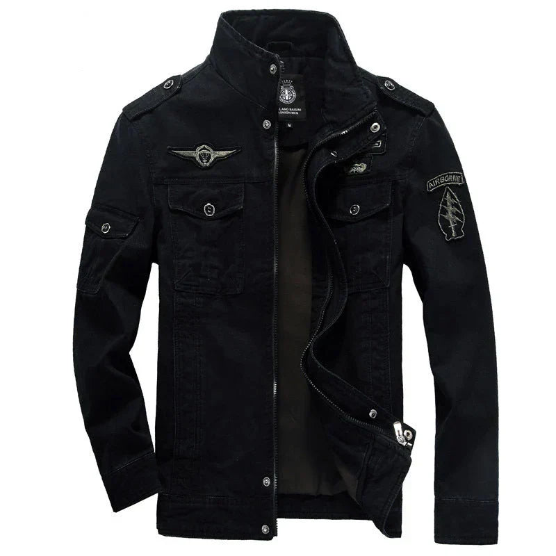 Men's olive cargo jacket structured fit cotton field coat with wind-resistant utility pockets