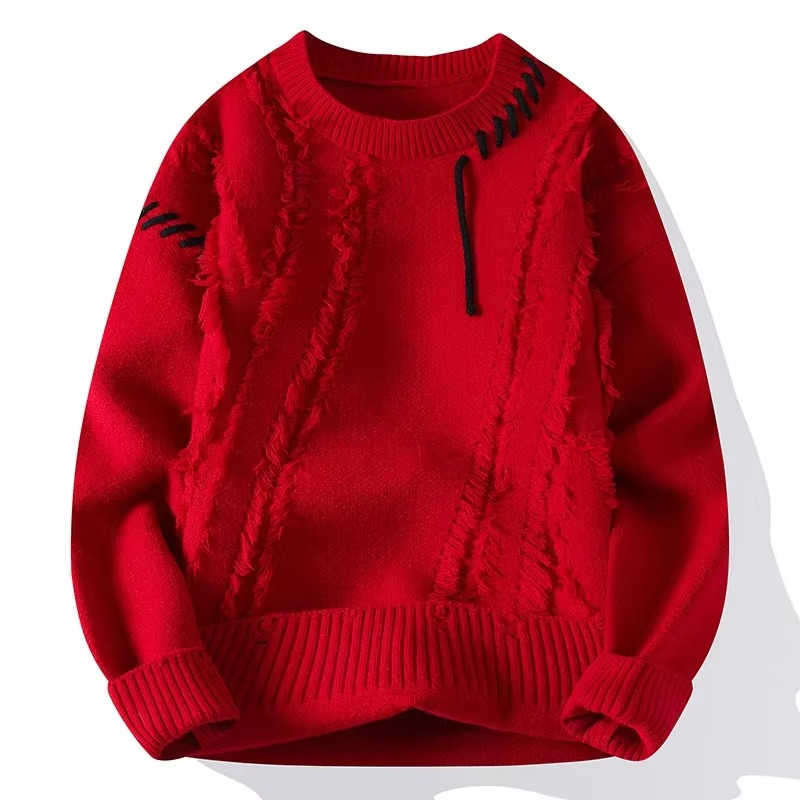 Men's ripped knit pullover sweater streetwear hip hop distressed texture warm fall winter