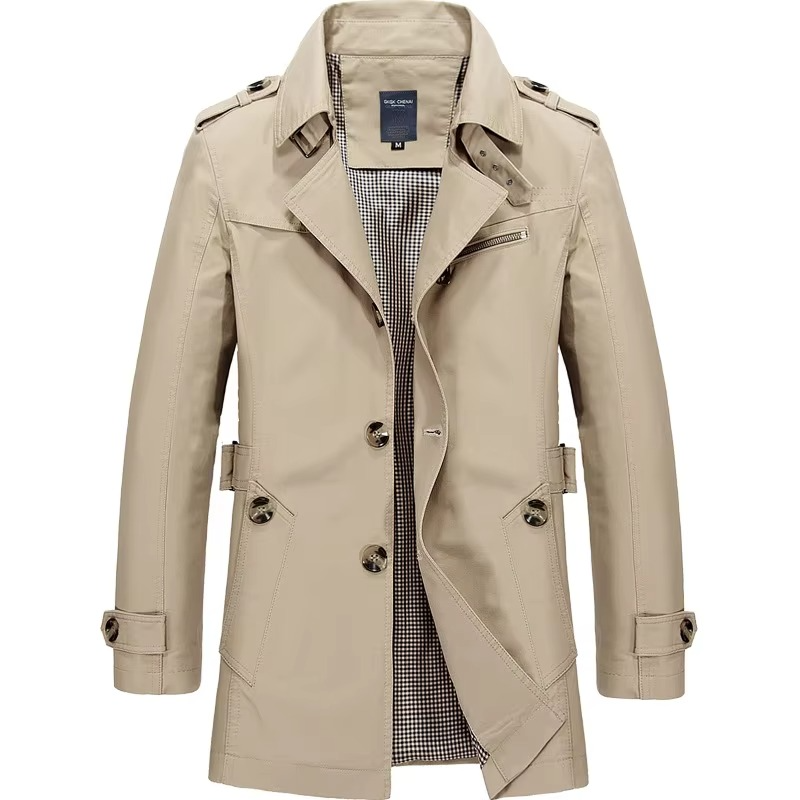 Men's classic single-breasted trench coat wind-resistant slim silhouette office-ready all-season outerwear