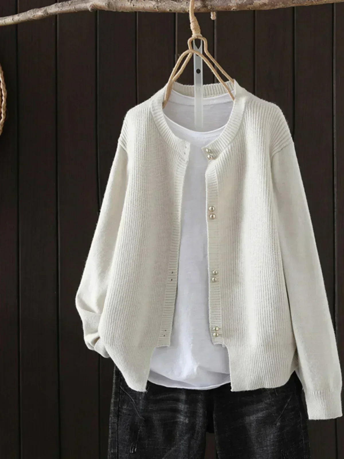 Josephine soft beige cardigan with cozy wrap silhouette and flattering everyday layering design