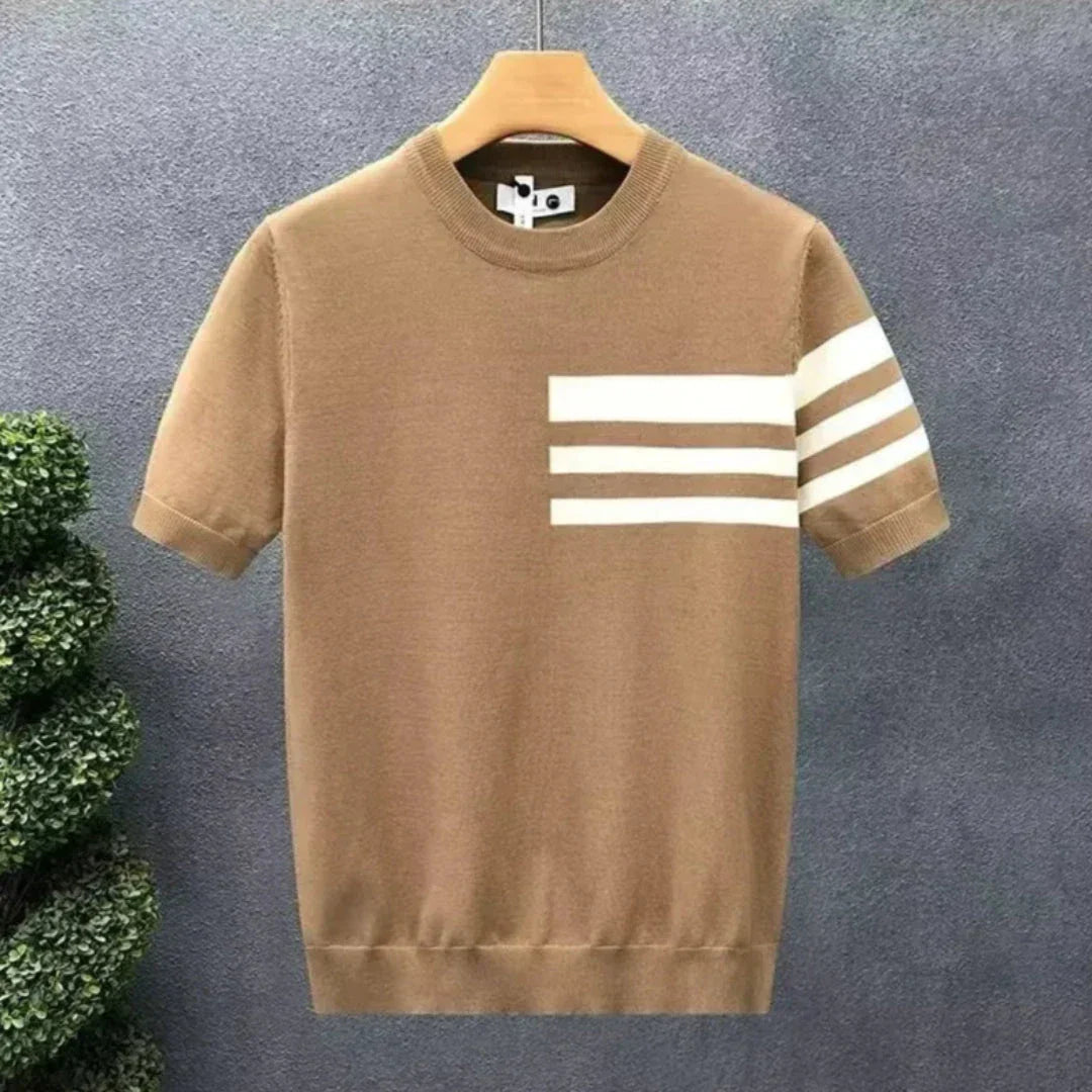 Sam contrast-stripe knit tee with bold triple-stripe sleeves and ribbed crew neckline