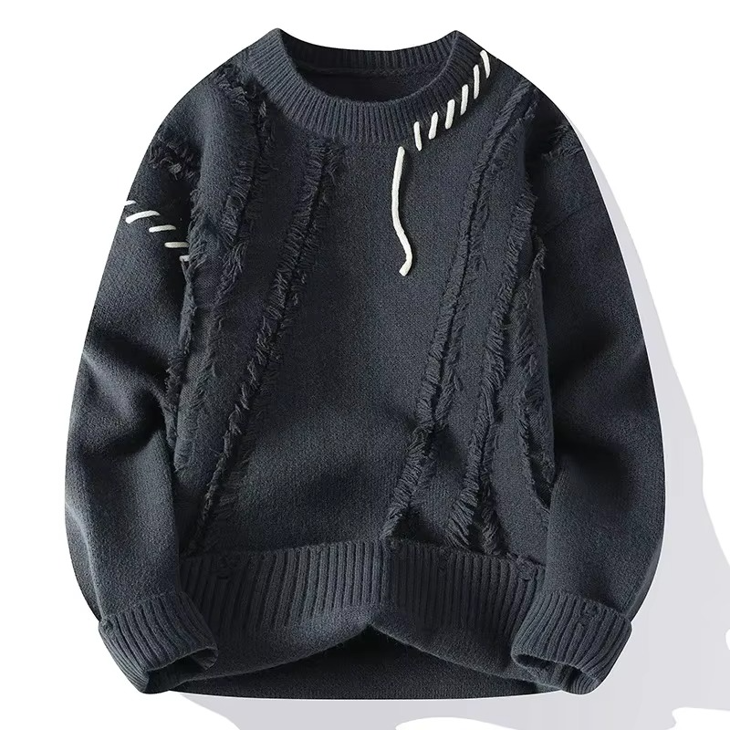 Men's ripped knit pullover sweater streetwear hip hop distressed texture warm winter fall