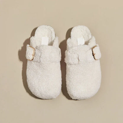 Women's plush lamb wool mule slippers in alpine style with adjustable buckle, ultra-soft fuzzy texture