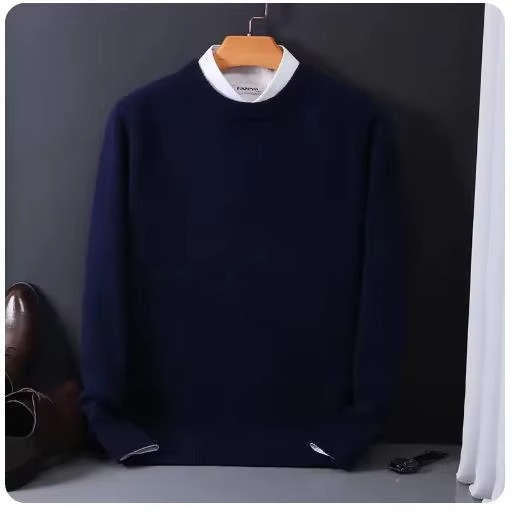 Orsenvi Men's Classic Cashmere O-Neck Navy Sweater