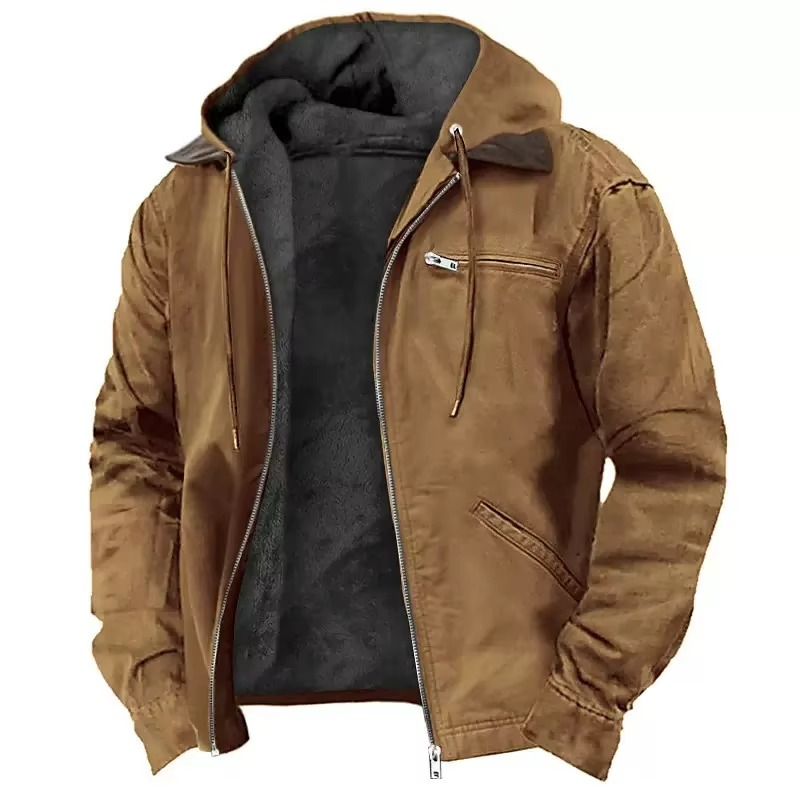 Men's heavyweight dark hooded workwear jacket relaxed fit wind-resistant insulated winter outdoor coat