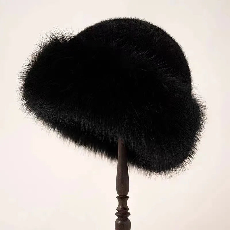 Women's plush fur hat rounded silhouette with furry trim, cozy winter accessory