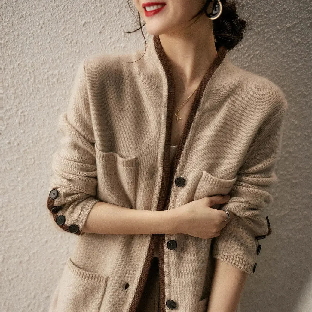 Brown two-tone soft knit cardigan with loose draped fit and button-cuff details