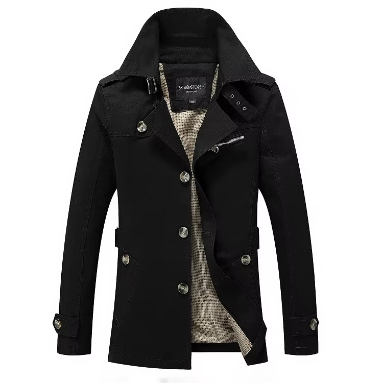 Men's classic single-breasted trench coat wind-resistant streamlined silhouette for office-ready style
