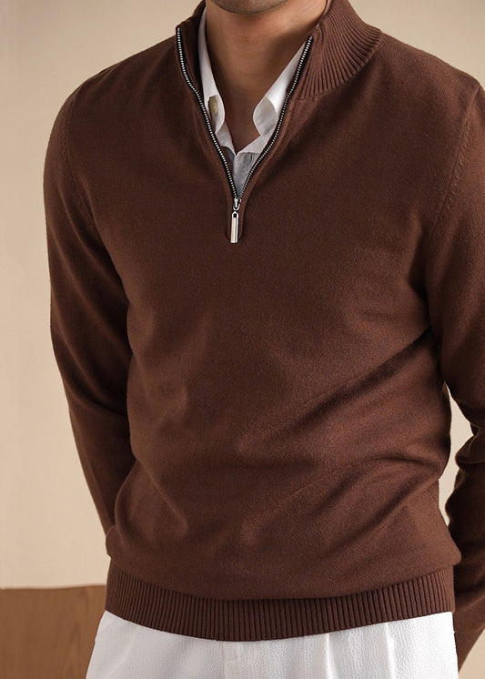 Orsenvi Mens Brown Zip Up Knit Sweater Half Zip Pullover