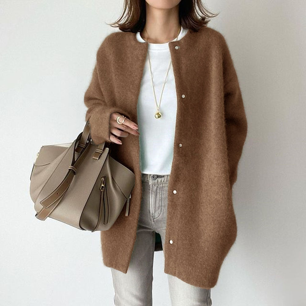 Women's relaxed fit collarless coatigan mid-thigh length solid button front long sleeves