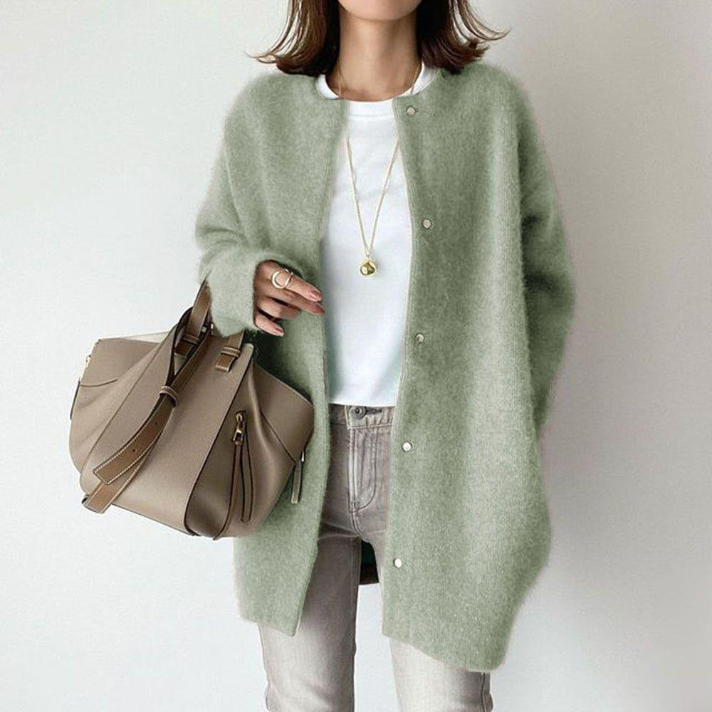 Women's relaxed fit collarless coatigan mid-thigh length with button front, long sleeves