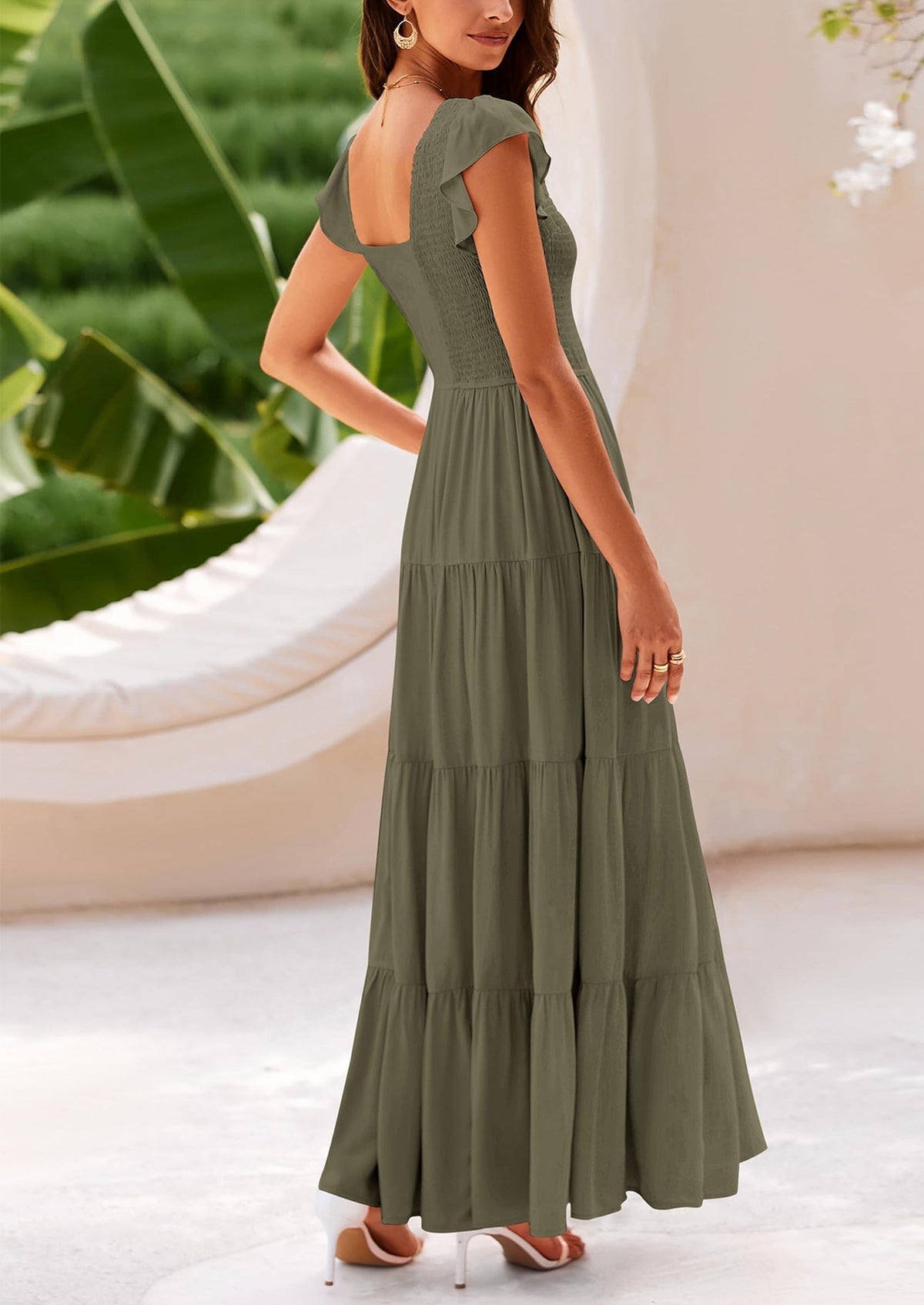 Flowy Smocked Maxi Dress - Cap Sleeve, V-Neck, Casual - photo 9