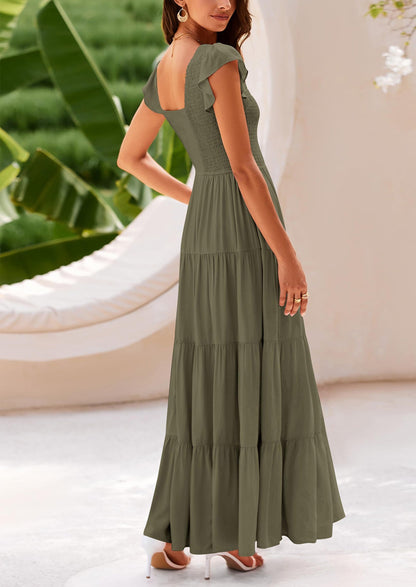 Flowy Smocked Maxi Dress - Cap Sleeve, V-Neck, Casual - photo 9