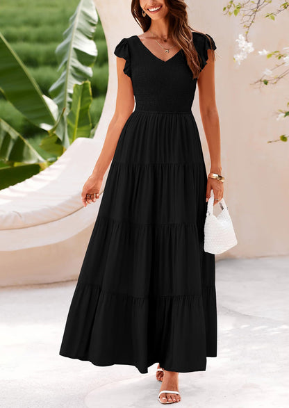 Flowy Smocked Maxi Dress - Cap Sleeve, V-Neck, Casual - photo 22