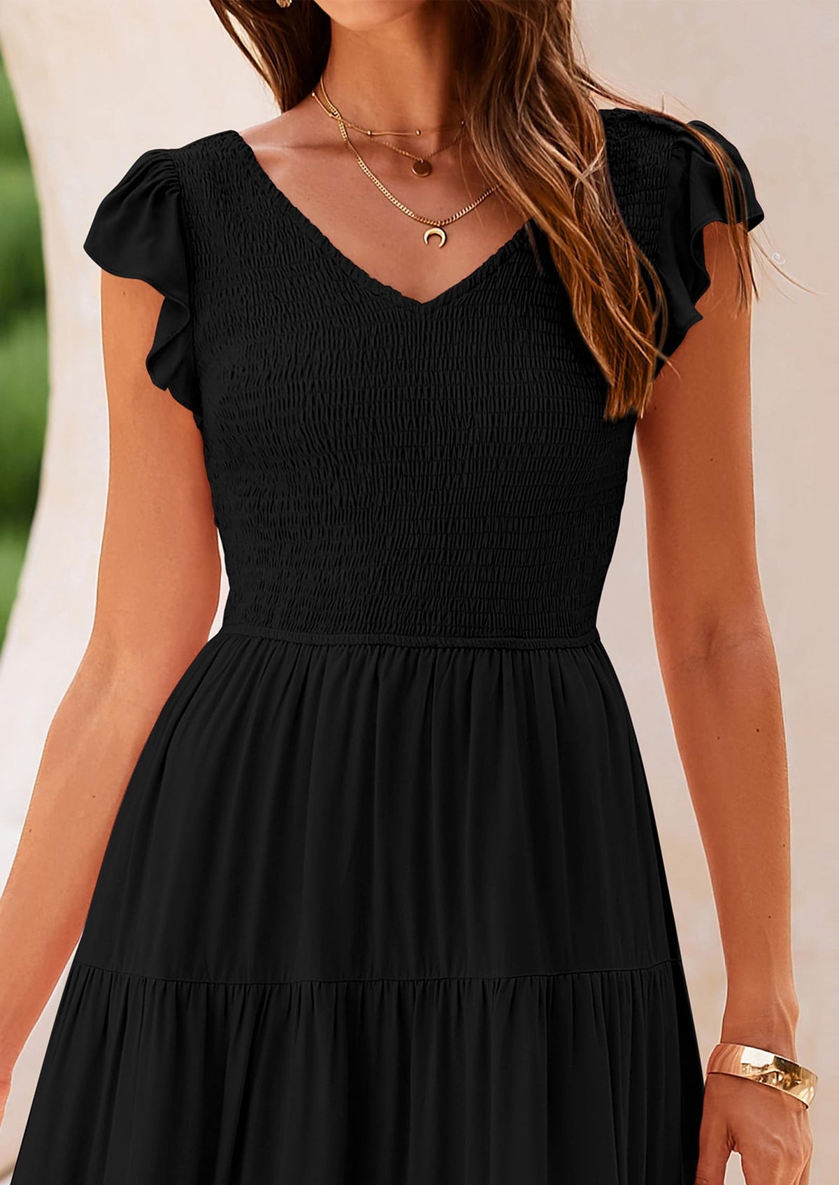 Flowy Smocked Maxi Dress - Cap Sleeve, V-Neck, Casual - photo 24
