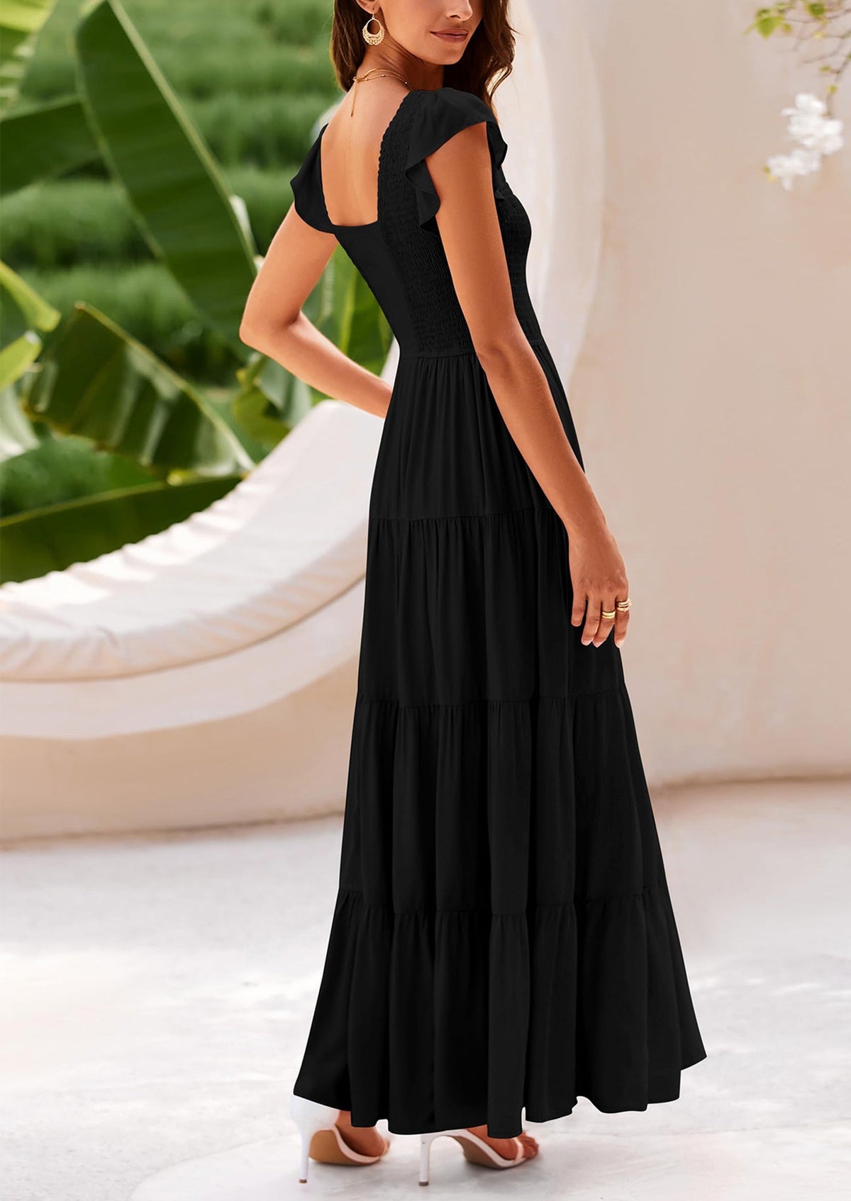 Flowy Smocked Maxi Dress - Cap Sleeve, V-Neck, Casual - photo 21