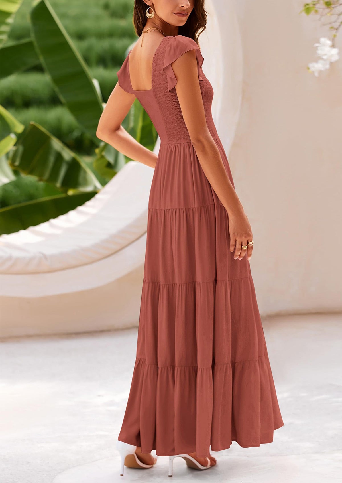 Flowy Smocked Maxi Dress - Cap Sleeve, V-Neck, Casual - photo 27