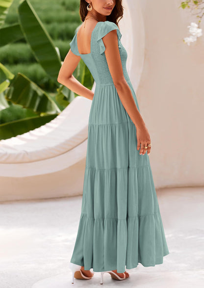 Flowy Smocked Maxi Dress - Cap Sleeve, V-Neck, Casual - photo 39