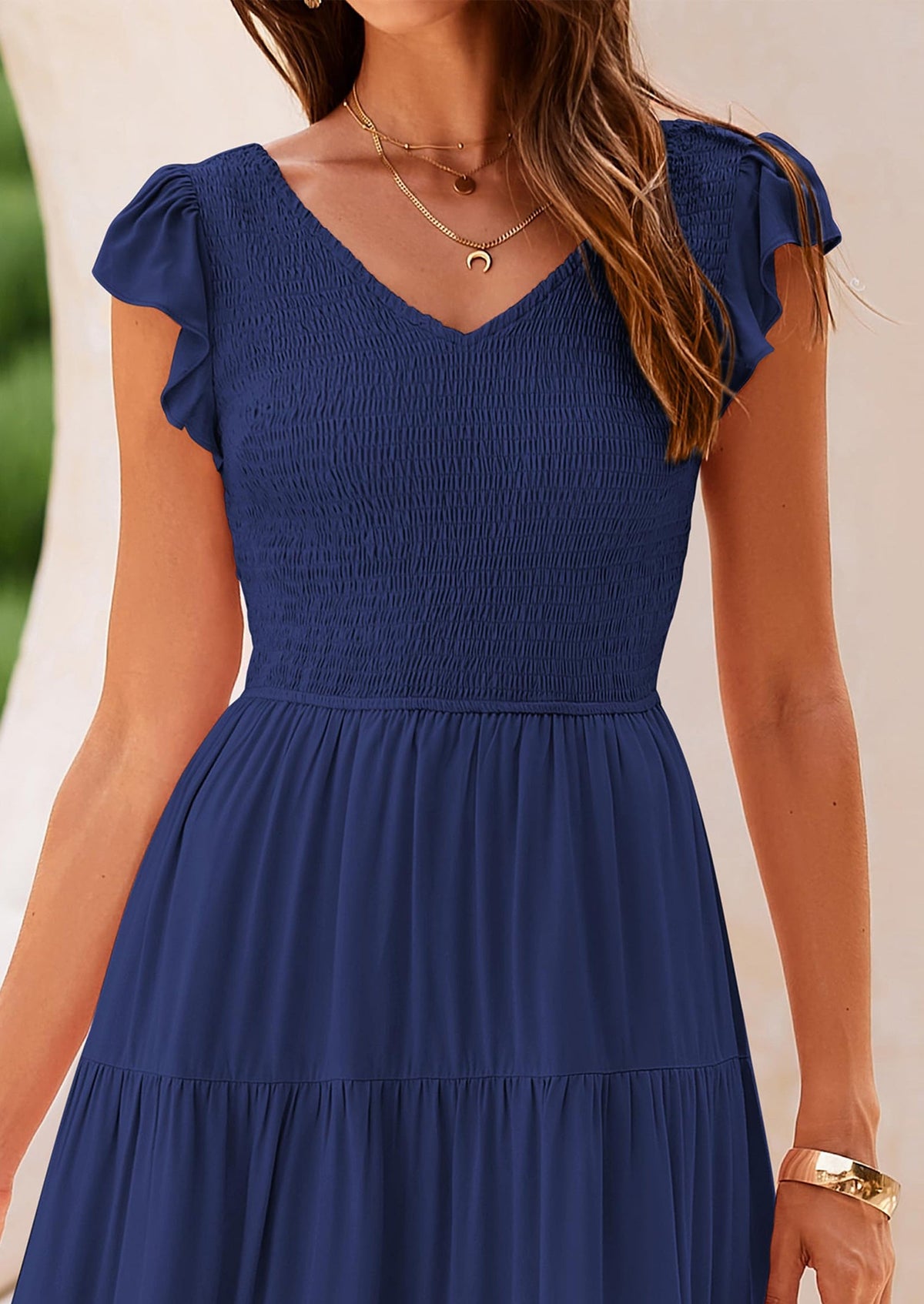 Flowy Smocked Maxi Dress - Cap Sleeve, V-Neck, Casual - photo 60