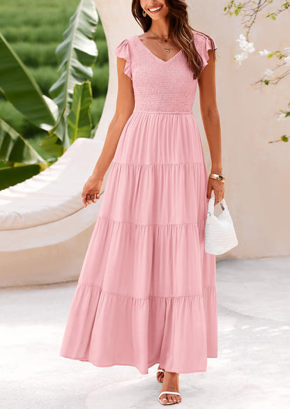 Flowy Smocked Maxi Dress - Cap Sleeve, V-Neck, Casual - photo 3