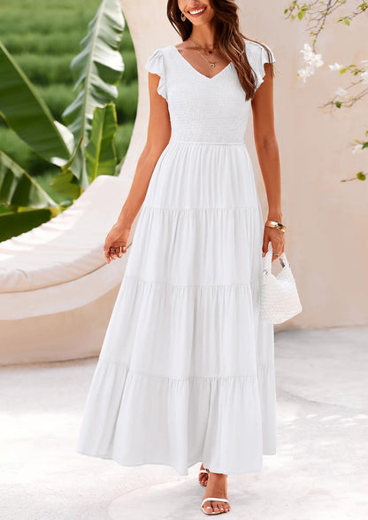 Flowy Smocked Maxi Dress - Cap Sleeve, V-Neck, Casual - photo 64