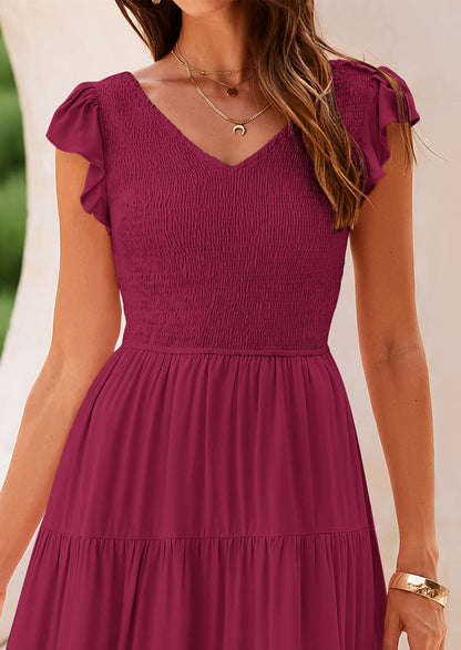 Flowy Smocked Maxi Dress - Cap Sleeve, V-Neck, Casual - photo 72