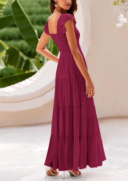 Flowy Smocked Maxi Dress - Cap Sleeve, V-Neck, Casual - photo 69