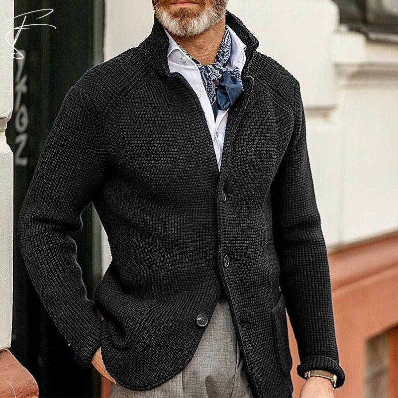 Orsenvi Damian men's cotton cardigan smart casual knit layering classic collar structured silhouette