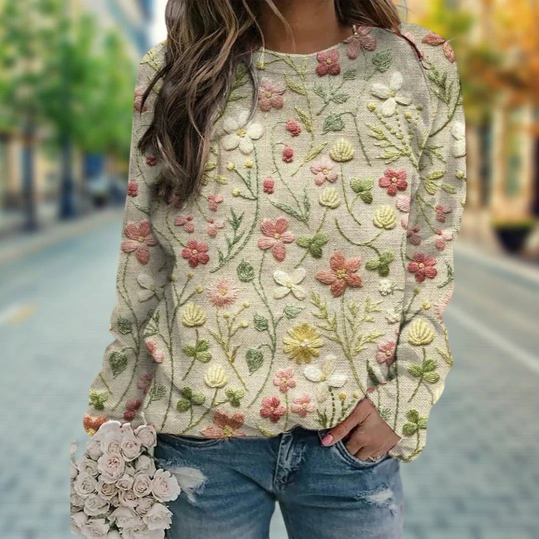 Nordic Flair Womens Knit Sweater Luxurious Embroidered Floral Design
