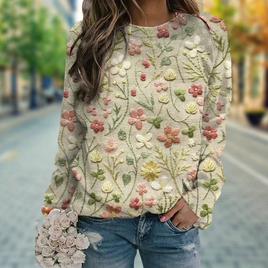 Nordic Flair Womens Knit Sweater Luxurious Embroidered Floral Design