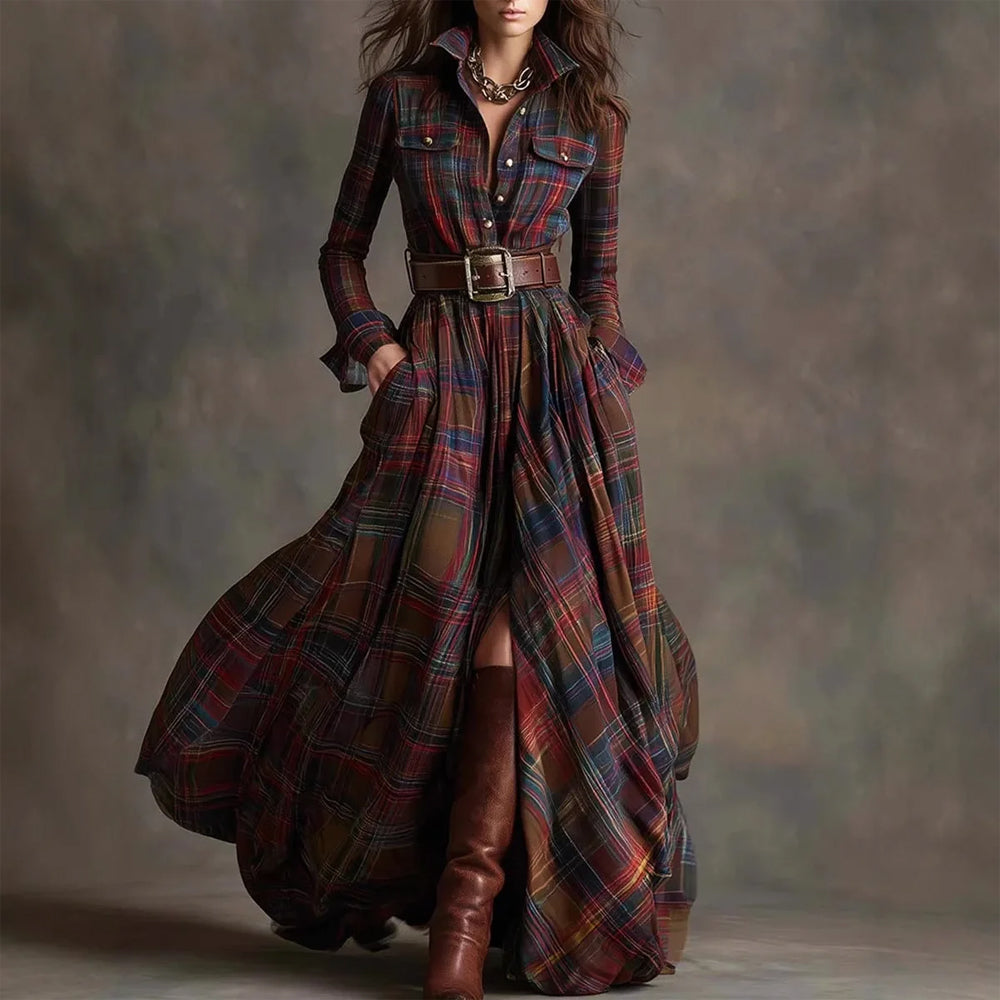 Orsenvi Vintage Plaid Long Maxi Shirt Dress