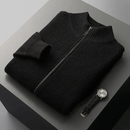 Watson gray full-zip wool sweater with ribbed knit texture and mock collar for men