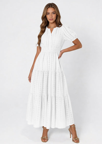 Eyelet Smocked Flowy Maxi Dress - Puff Sleeve, V-Neck, Casual - photo 16