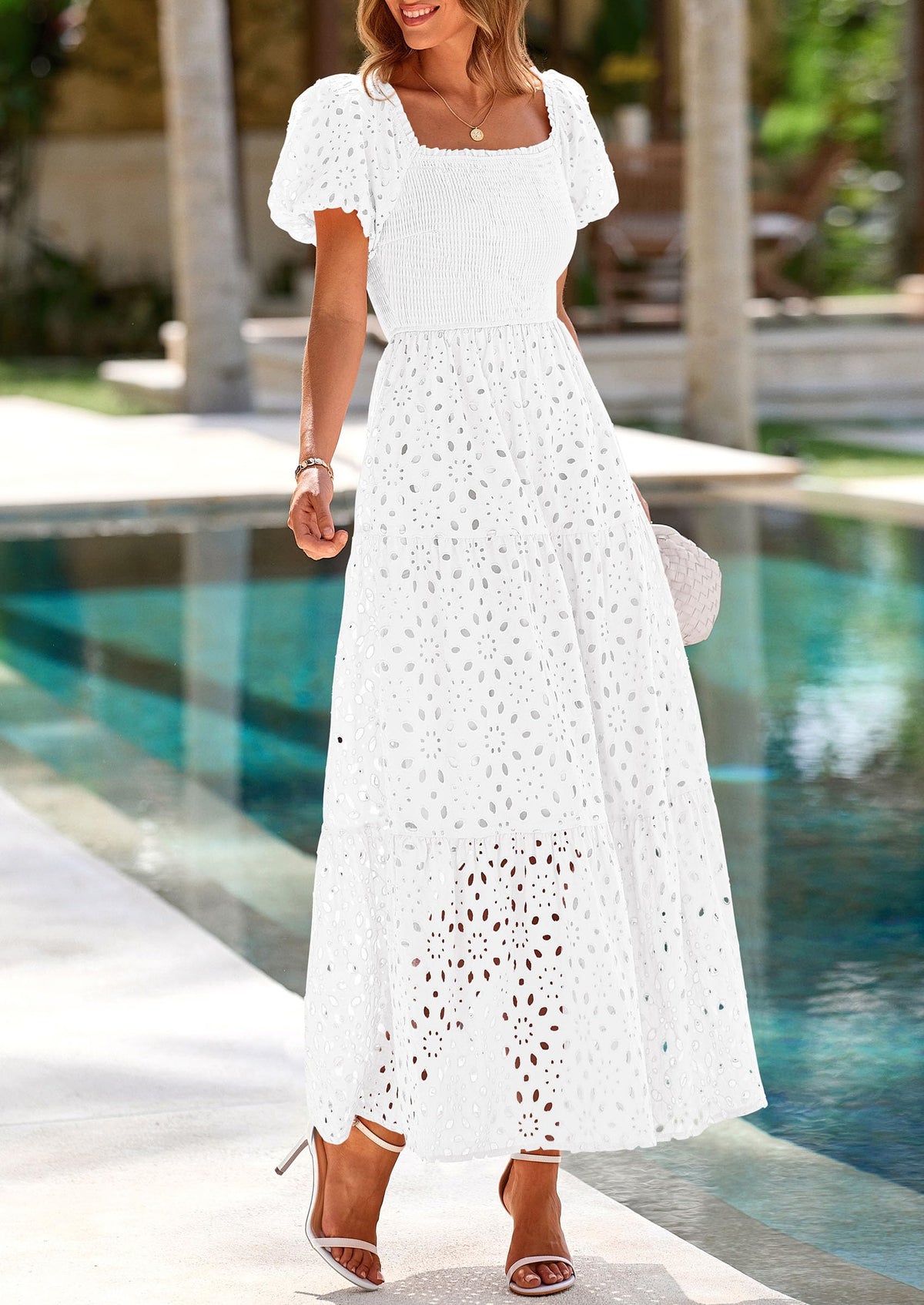 Eyelet Smocked Maxi Dress - Puff Sleeve, Square Neck, Wedding - photo 37