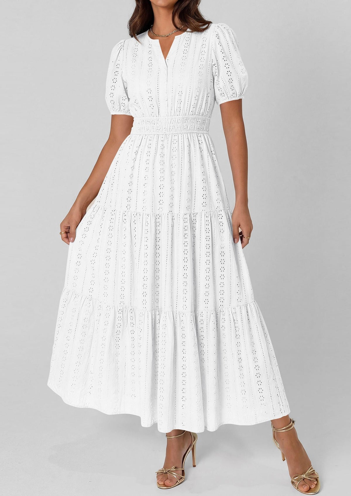 Eyelet Smocked Flowy Maxi Dress - Puff Sleeve, V-Neck, Casual - photo 22