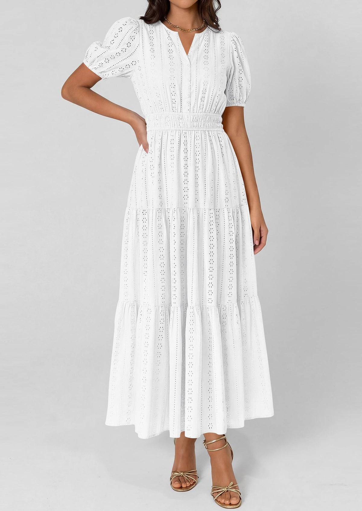 Eyelet Smocked Flowy Maxi Dress - Puff Sleeve, V-Neck, Casual - photo 13
