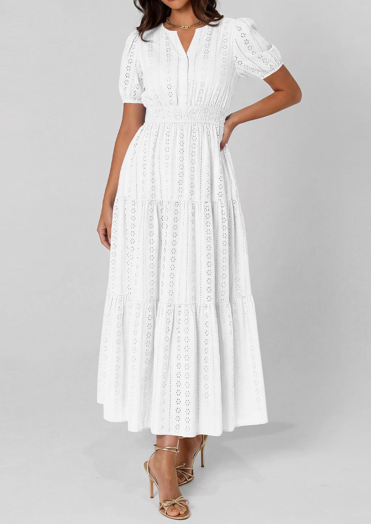 Eyelet Smocked Flowy Maxi Dress - Puff Sleeve, V-Neck, Casual - photo 17