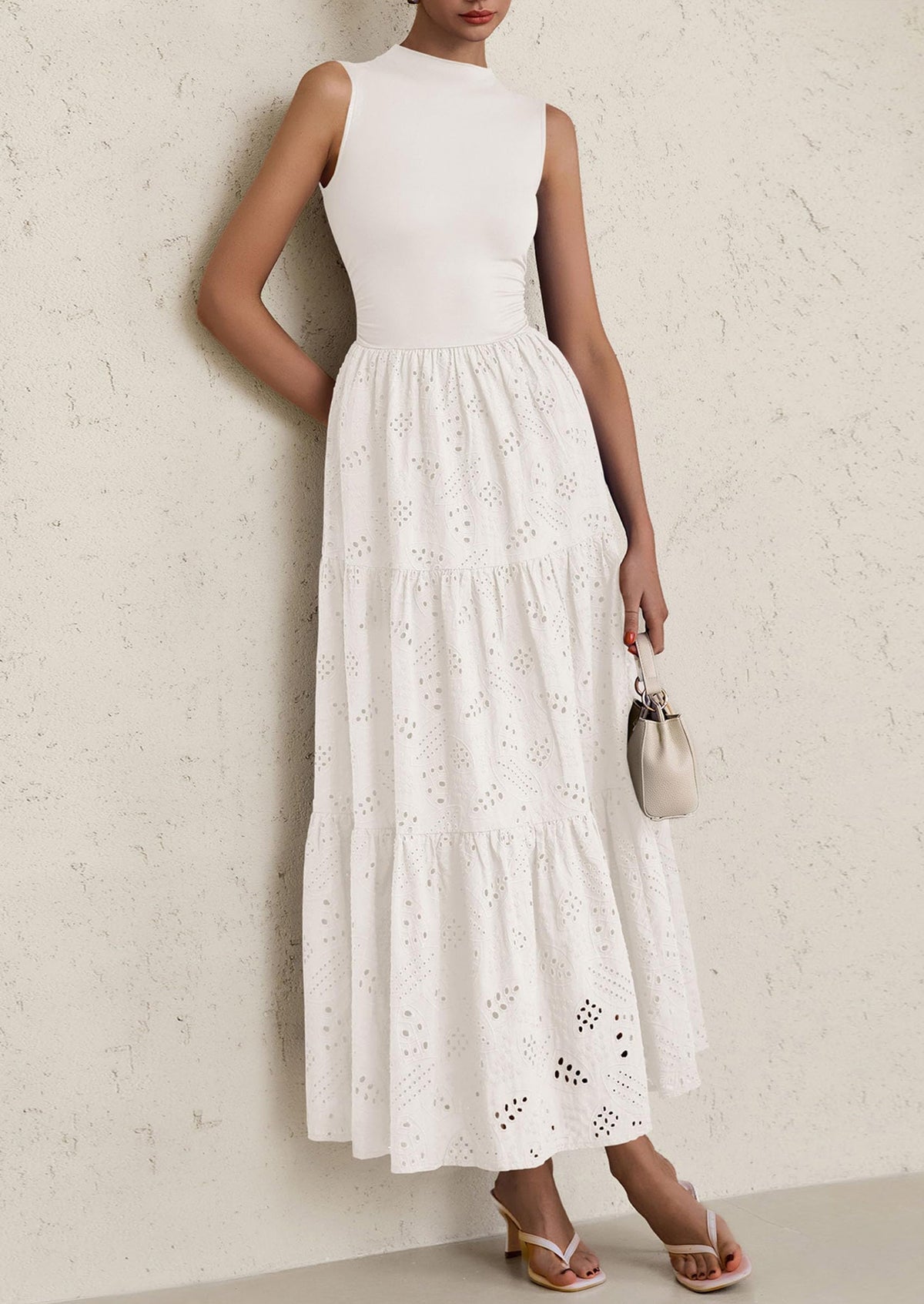 Eyelet Maxi Dress - Sleeveless, Mock Neck, Casual - photo 65