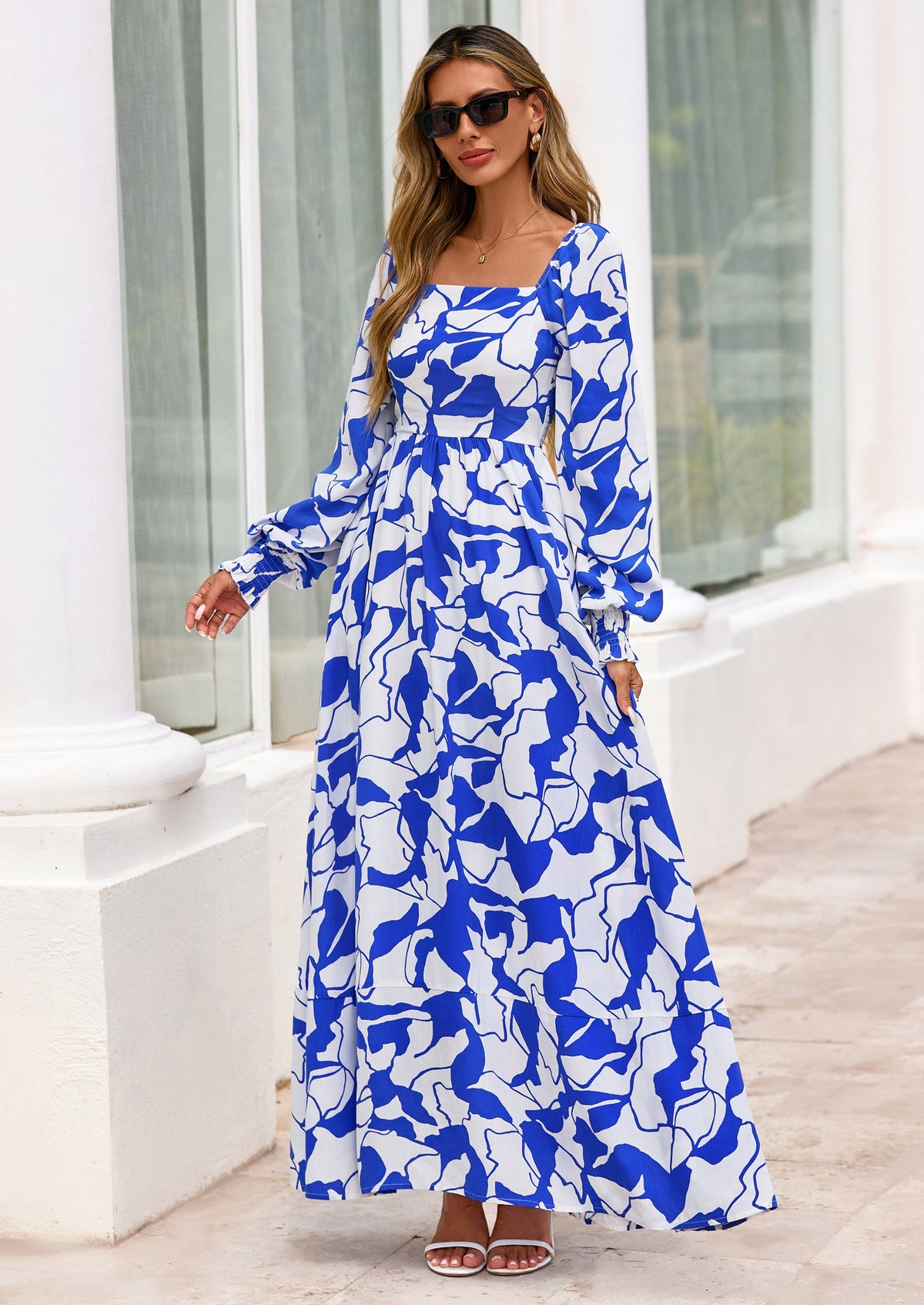 Floral A-Line Flowy Maxi Dress - Long Sleeve, Square Neck, photo 31