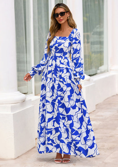 Floral A-Line Flowy Maxi Dress - Long Sleeve, Square Neck, photo 31