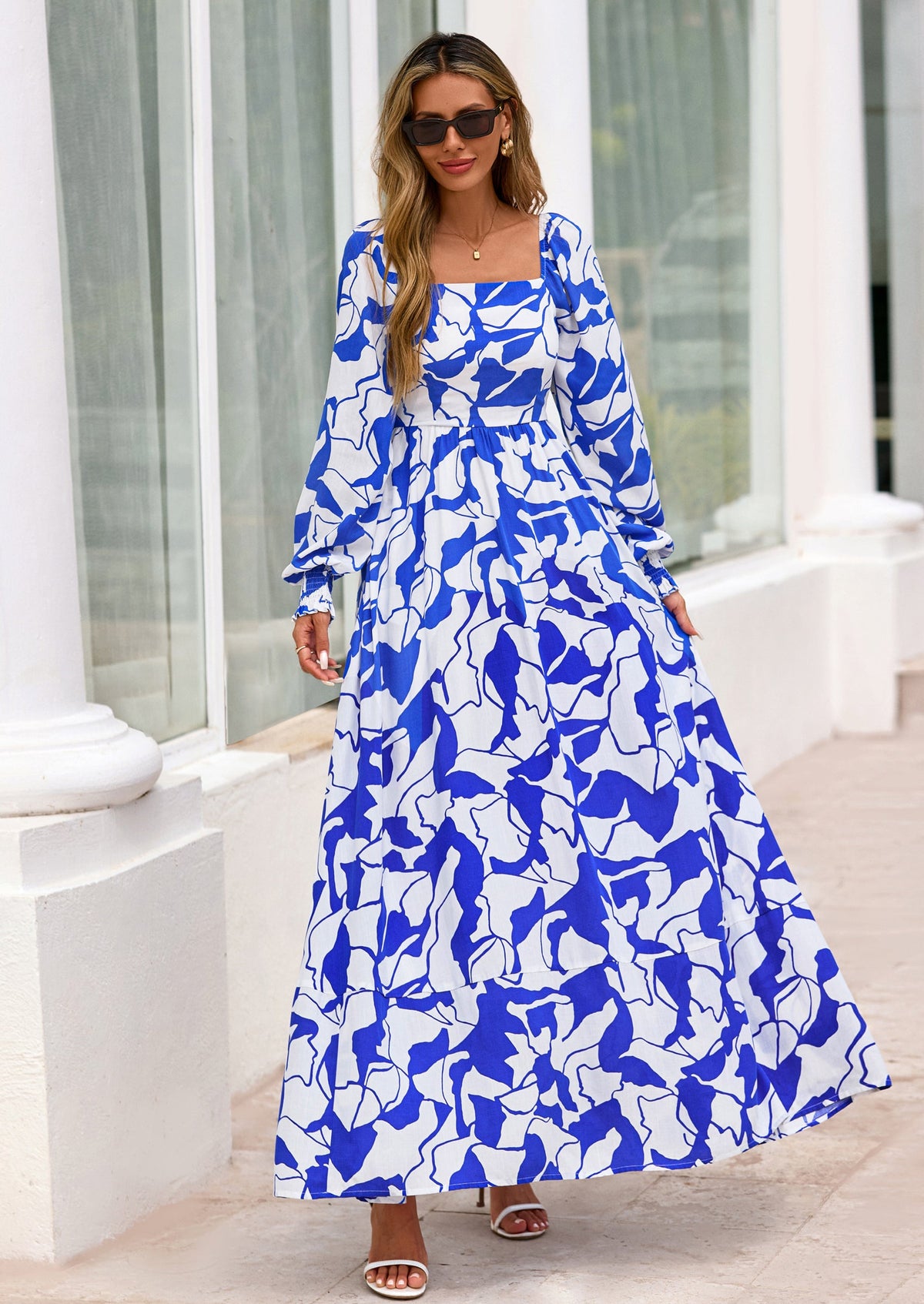 Floral A-Line Flowy Maxi Dress - Long Sleeve, Square Neck, photo 32