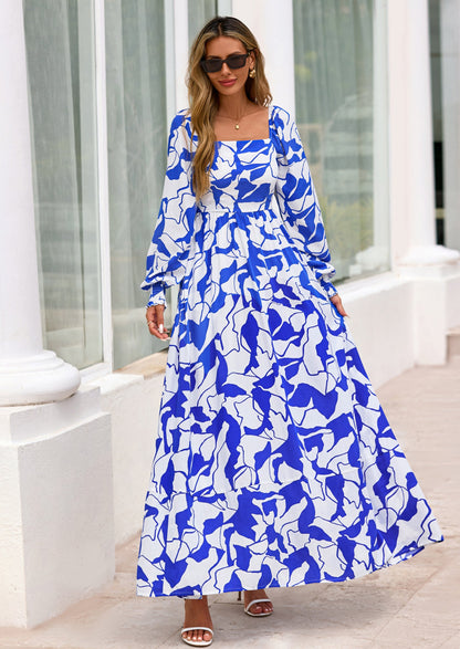 Floral A-Line Flowy Maxi Dress - Long Sleeve, Square Neck, photo 32